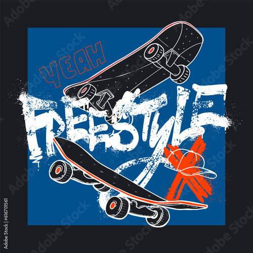 Teenager print with Skateboards. T-shirt design with skateboard linear illustration. Sport style. Activity equipment.