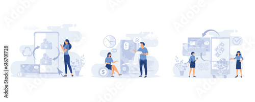 Characters paying online and receiving bonus money or reward back on credit card. Cashback, financial savings and money exchange. flat modern vector illustration