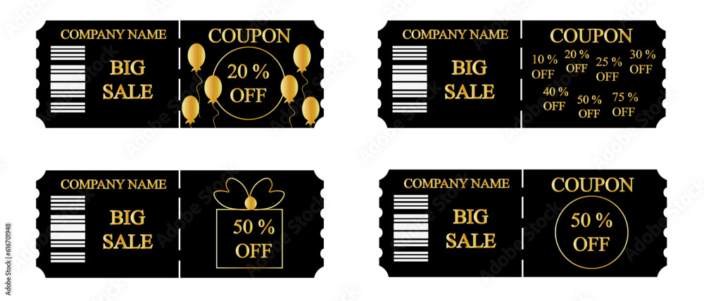 Naklejka premium Set of Sale style black Coupon isolated on white background. Shoping Invitation card. Vector illustration.