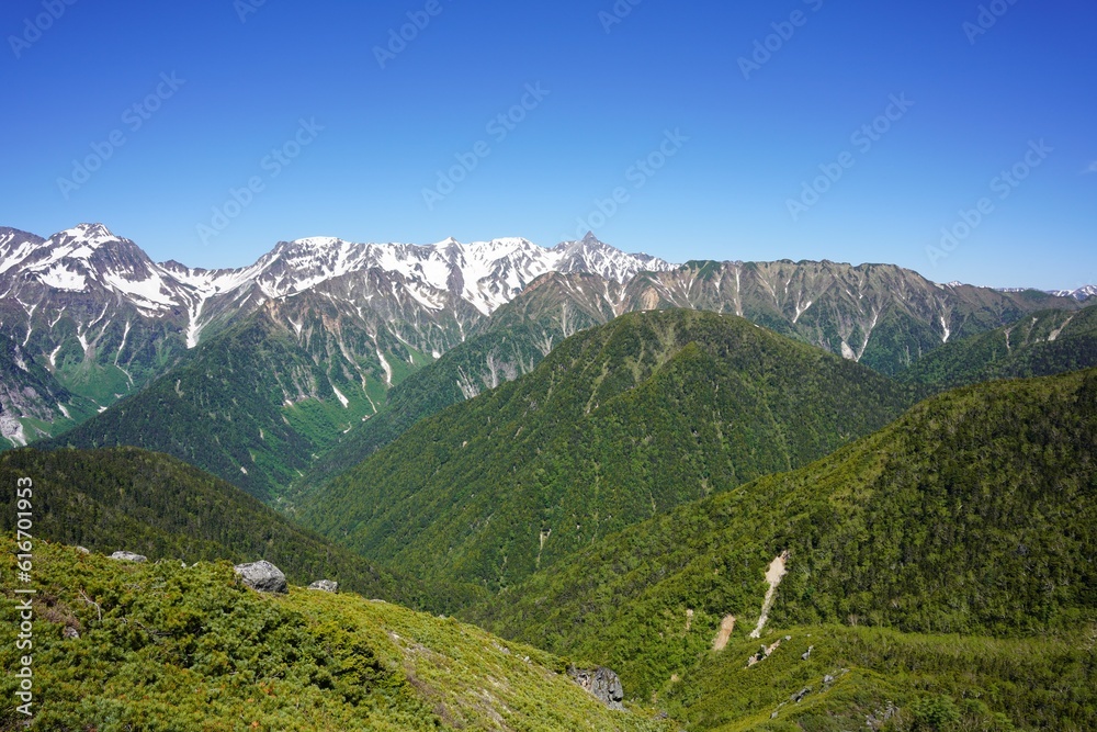 Fototapeta premium 北アルプス 常念岳から望む新緑と残雪の槍ヶ岳