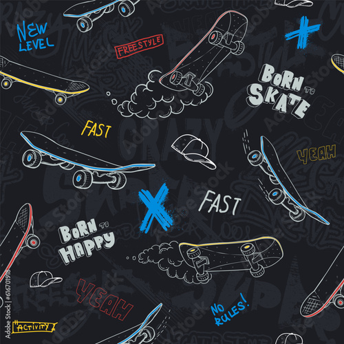 Abstract seamless pattern with skateboard, hat, graffiti text Activity, fast, yeah, new level, freestyle. Lettering repeat print for sport textile, boy clothes, wrapping paper. Cover teenager print.
