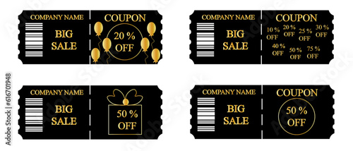 Set of Sale style black Coupon isolated on white background. Shoping Invitation card. Vector illustration.