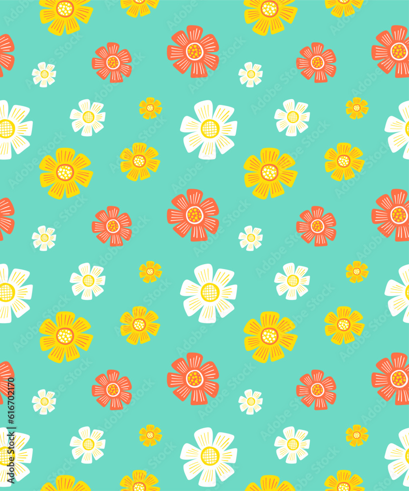 Flowers seamless pattern on blue background. Cartoon flowers print for kid textile or fashion clothes or wrapping paper. 70s style flowers Endless blossom ornament. Dandelion bloom repeat background.