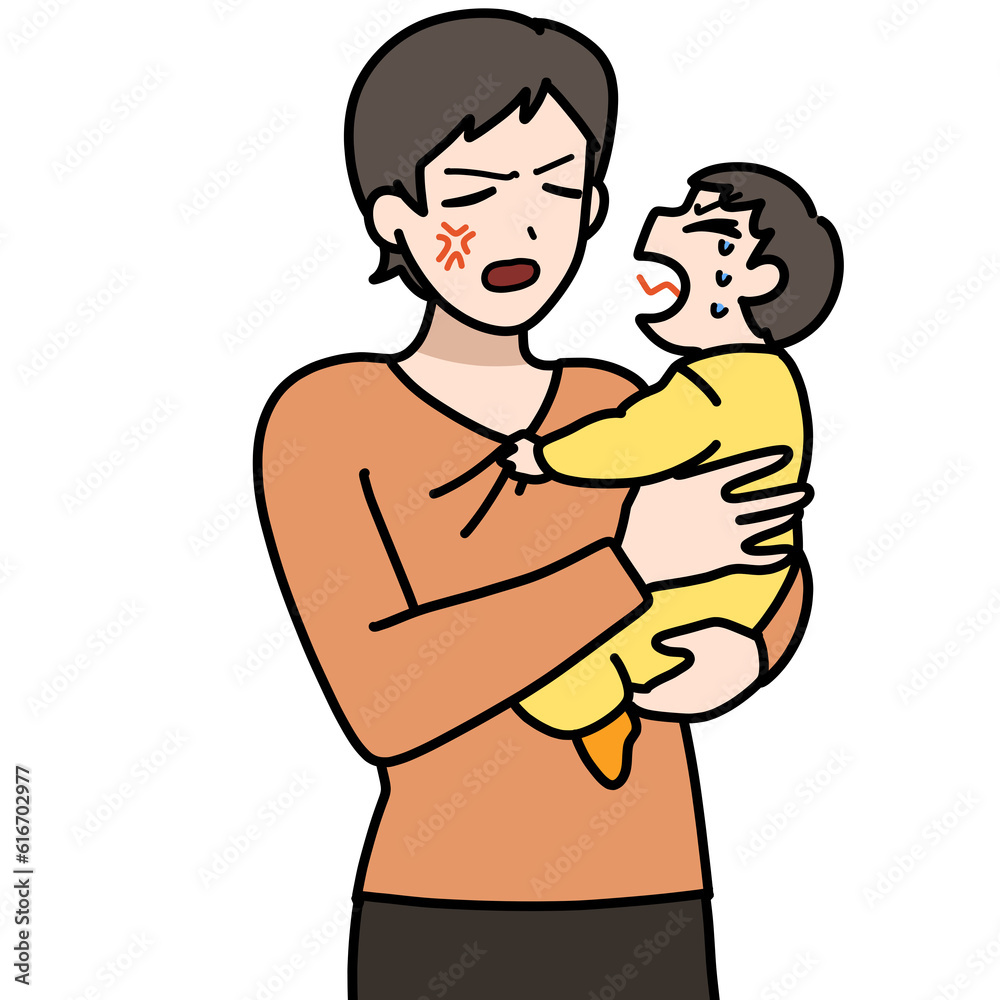 泣き叫ぶ赤ちゃんを抱っこする、怒った母親