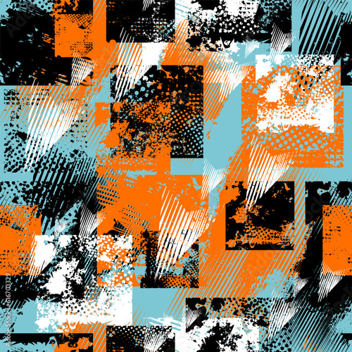 Grunge geometric seamless pattern with squares. Textured grungy background. Geometrical texture repeat print for sport textile or fashion clothes. Wrapping paper. Chequared shabby wallpaper.