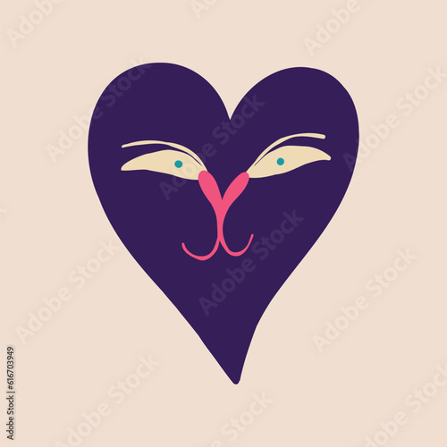 A quirky strange clockwork heart with a funny cat face. Illustration in a modern children's hand-drawn style