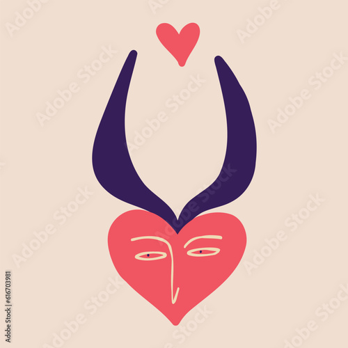 A cute quirky strange clockwork heart with a funny face. Illustration in a childish hand-drawn style