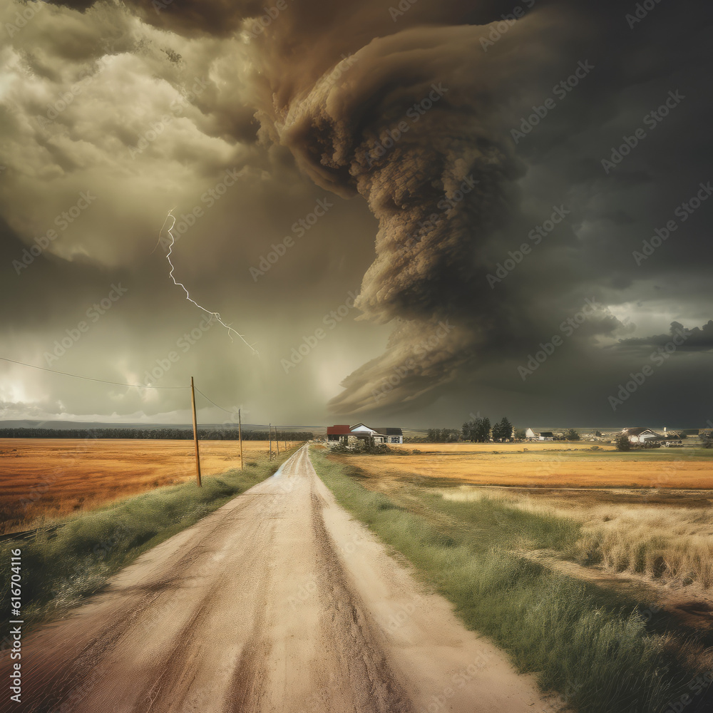 Tornado crossing road after it formed, it rapidly intensified, tearing up grass and dirt as it traveled over mainly open field Tornado crossing road after it formed, it rapidly intensified, tearing up grass and dirt as it traveled over mainly open field