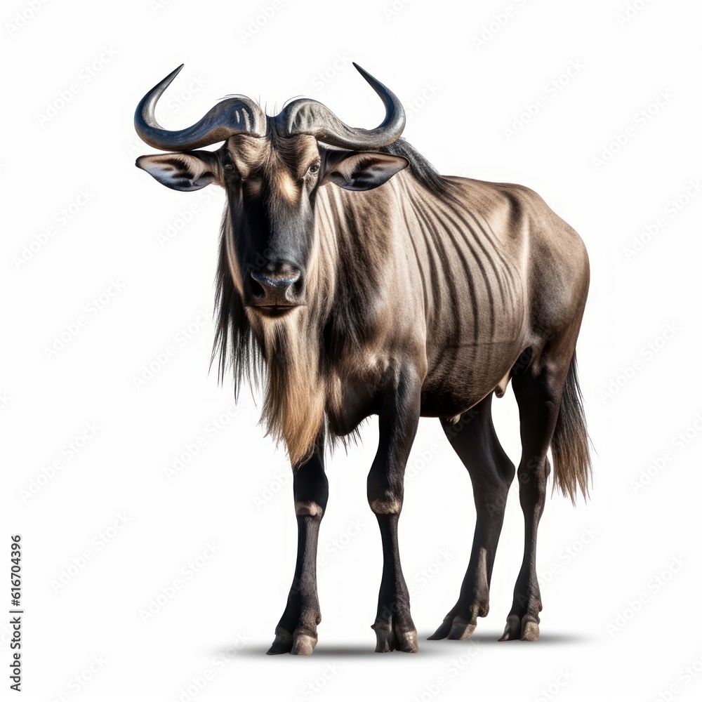 Wildebeest Savanna Animal. Isolated on White Background. Generative AI.