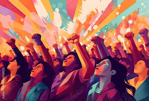 Women protest with fists up in an abstract style