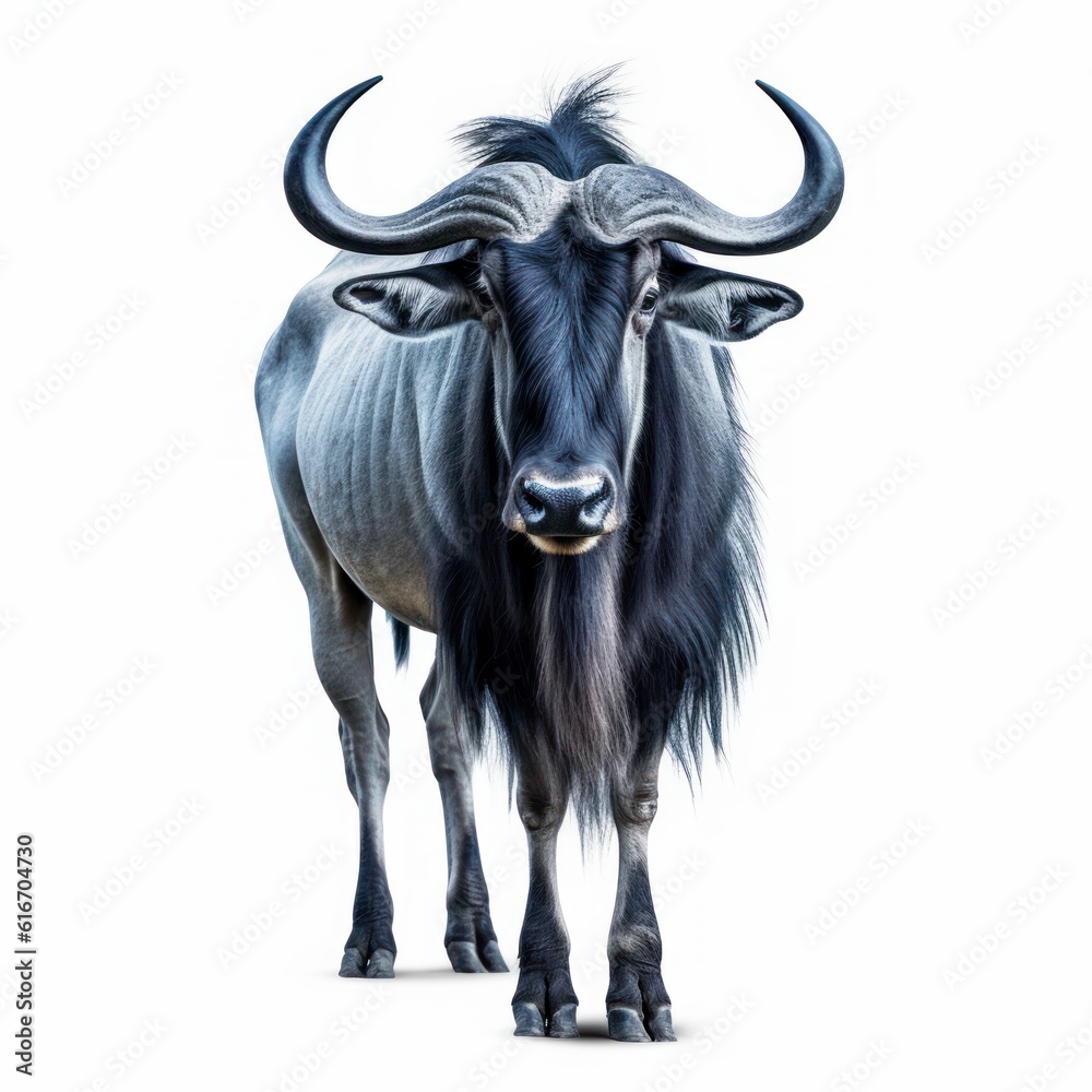 Naklejka premium Blue Wildebeest Savanna Animal. Isolated on White Background. Generative AI.