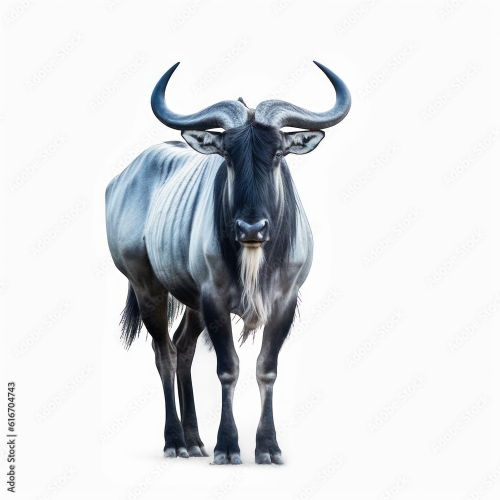 Naklejka premium Blue Wildebeest Savanna Animal. Isolated on White Background. Generative AI.