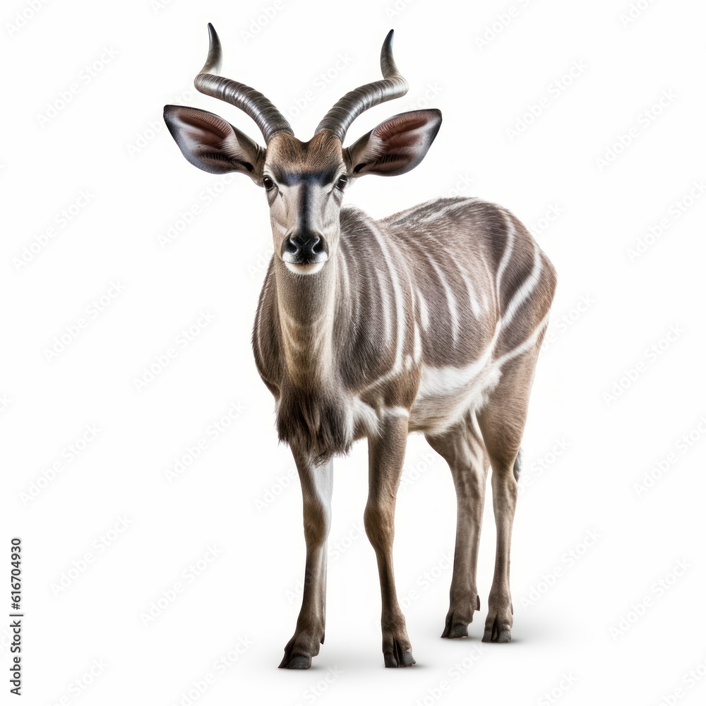 Greater Kudu Savanna Animal. Isolated on White Background. Generative AI. Greater Kudu Savanna Animal. Isolated on White Background. Generative AI.