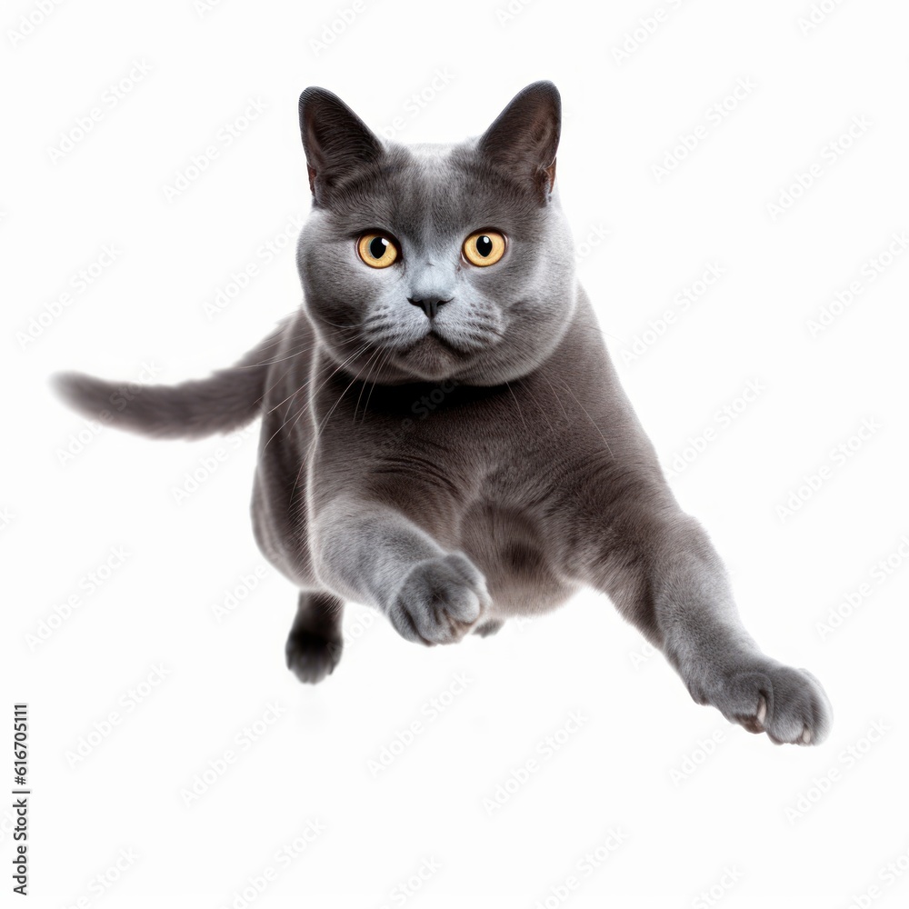 Jumping Chartreux Cat. Isolated on Caucasian, White Background. Generative AI.