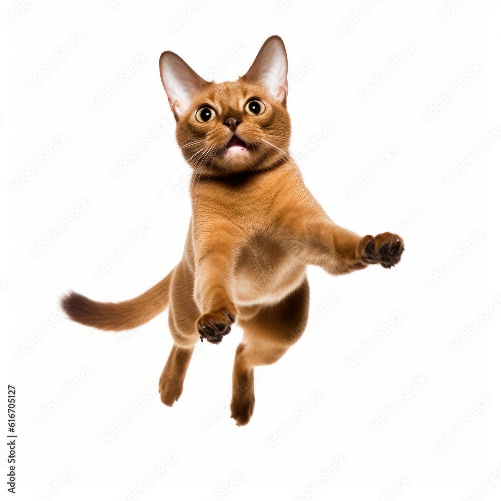 Jumping Burmese Cat. Isolated on Caucasian, White Background. Generative AI.