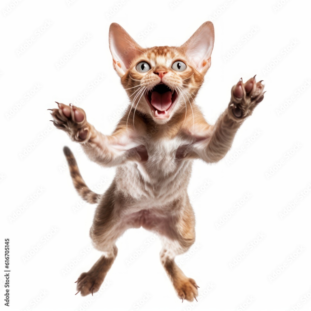 Jumping Devon Rex Cat. Isolated on Caucasian, White Background. Generative AI.