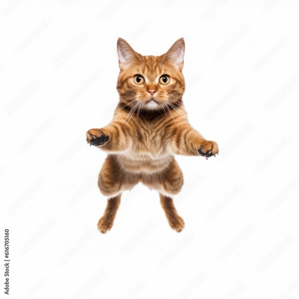 Obraz premium Jumping Havana Brown Cat. Isolated on Caucasian, White Background. Generative AI.