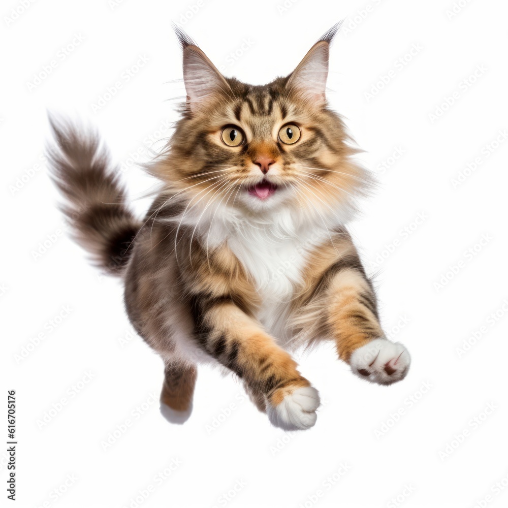 Jumping Norwegian Forest Cat. Isolated on Caucasian, White Background. Generative AI.