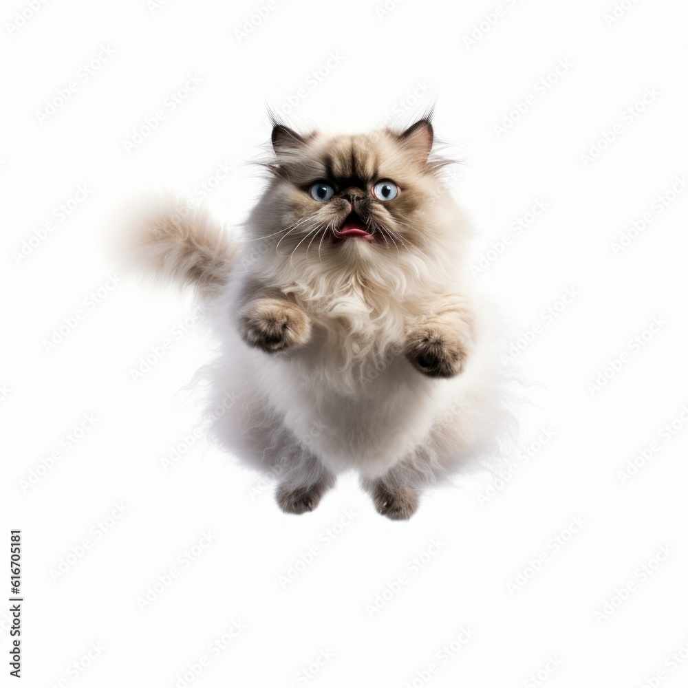 Jumping Himalayan Cat. Isolated on Caucasian, White Background. Generative AI.