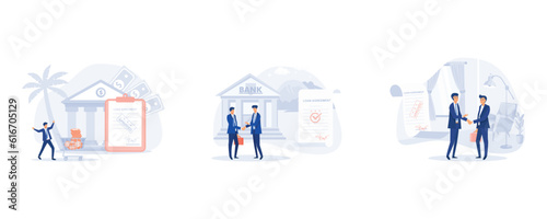 Businessman shaking hand with loan agreement and money bag. Businessman rolls a cart with money from the bank. Loan agreements borrow money from the bank, set flat modern vector illustration