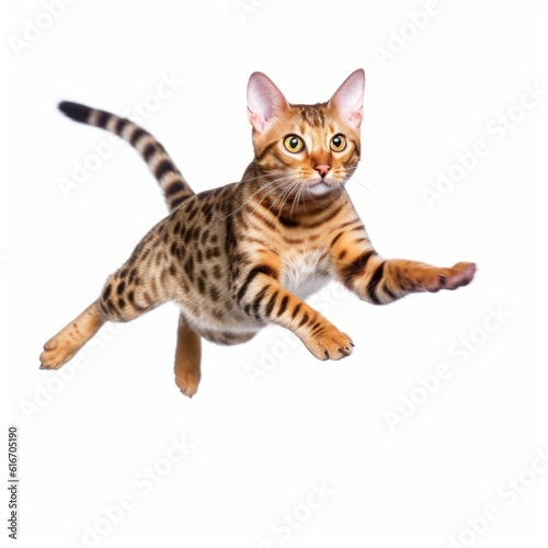 Jumping Ocicat Cat. Isolated on Caucasian, White Background. Generative AI.