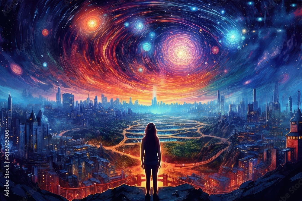 Woman watching an image of a galaxy with a glowing eye on nebula