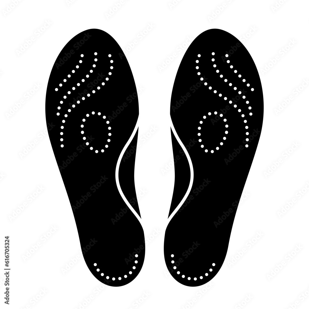 Orthopedic insoles silhouette icon isolated on white background. Vector illustration of orthotic arch support. Orthopedic insoles silhouette icon isolated on white background. Vector illustration of orthotic arch support.