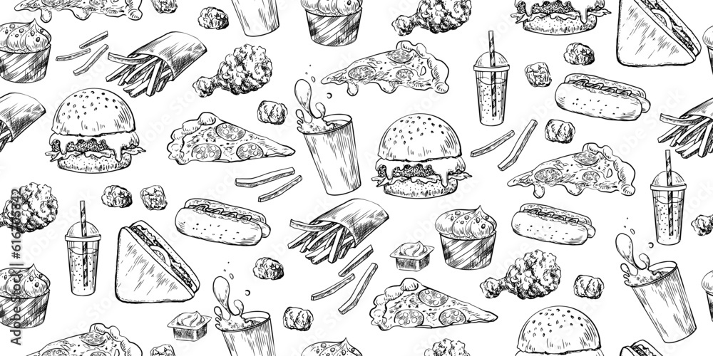 Seamless pattern with fast food. Hamburger, french fries, hot dog, coffee, soda, sauce, pizza, nuggets, sandwich, burger, ice cream. Sketch style background of street food isolated in white background - obrazy, fototapety, plakaty 