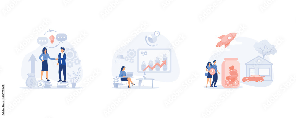 Income growth chart. financial report graph. Home Savings and Investment Money. Business people shaking hands. set flat modern vector illustration