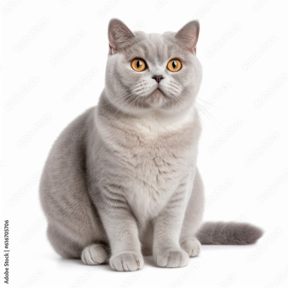 Sitting British Shorthair Cat. Isolated on Caucasian, White Background. Generative AI.