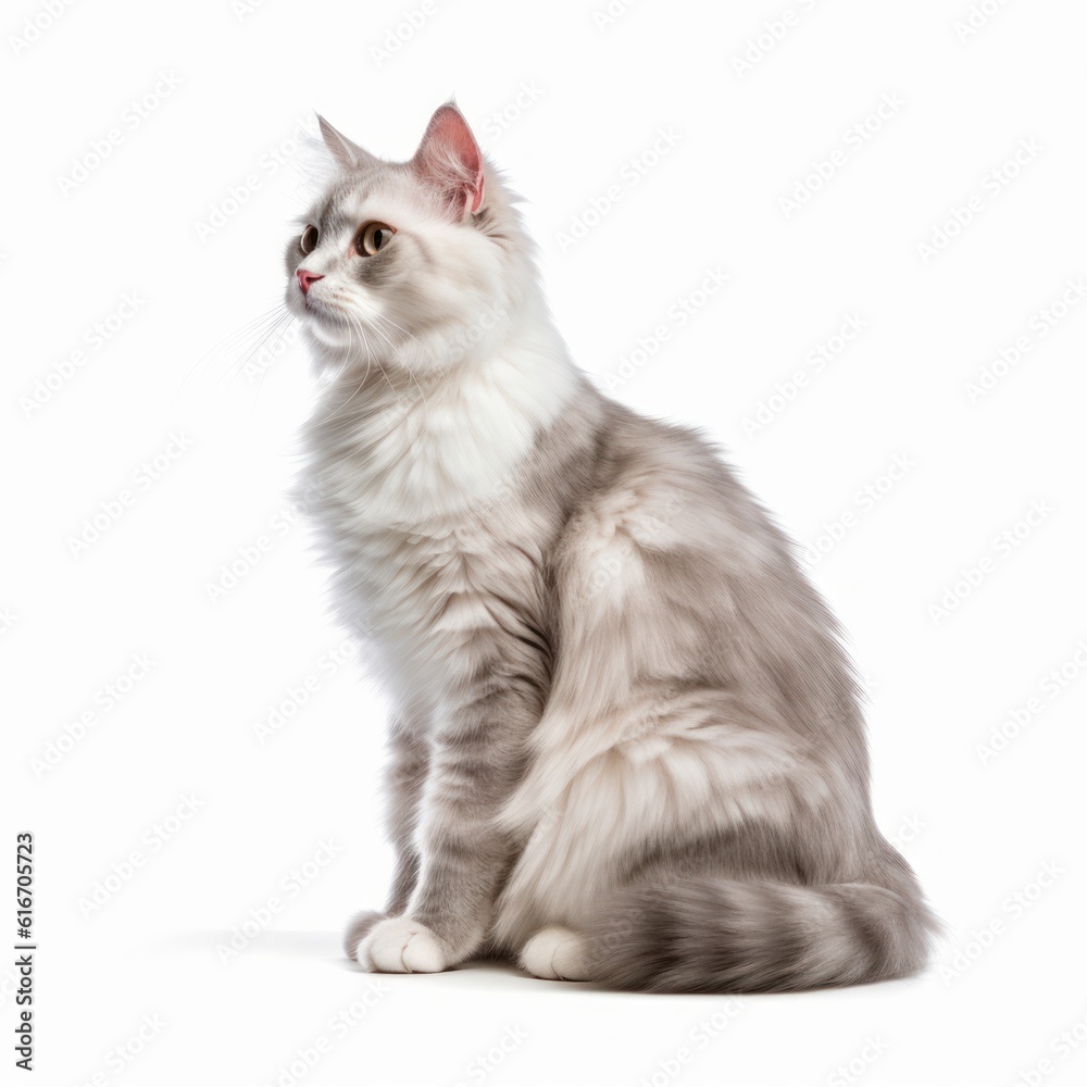 Sitting American Curl Cat. Isolated on Caucasian, White Background. Generative AI.