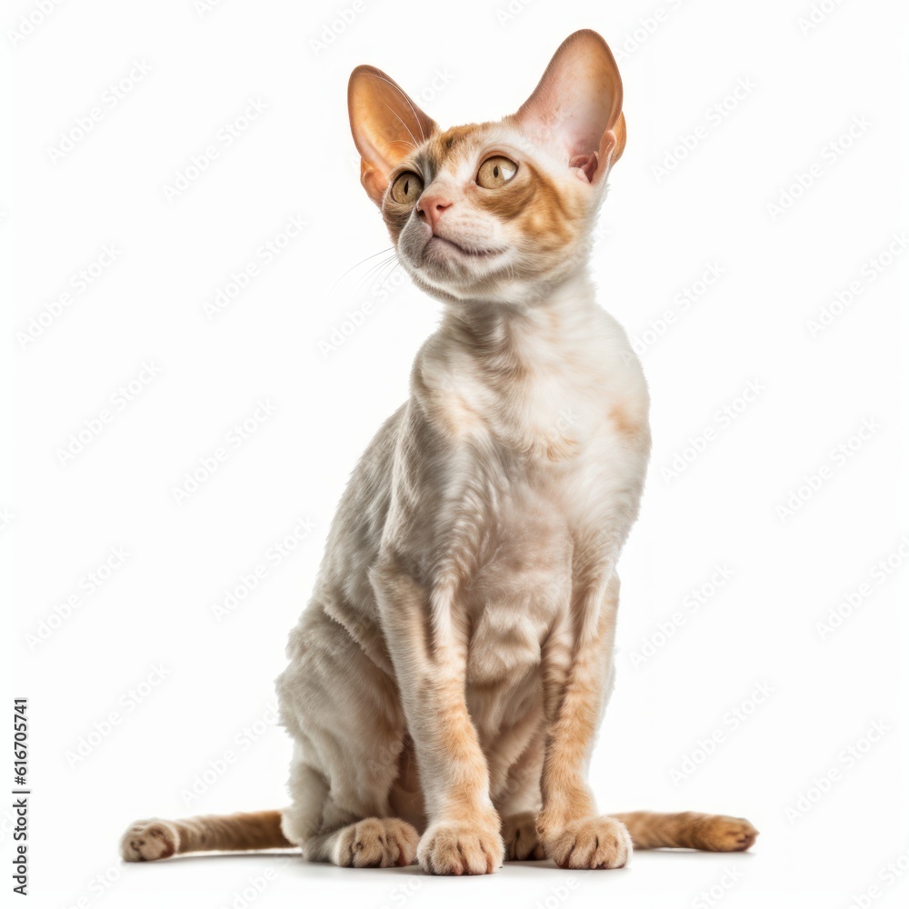Sitting Devon Rex Cat. Isolated on Caucasian, White Background. Generative AI. Sitting Devon Rex Cat. Isolated on Caucasian, White Background. Generative AI.