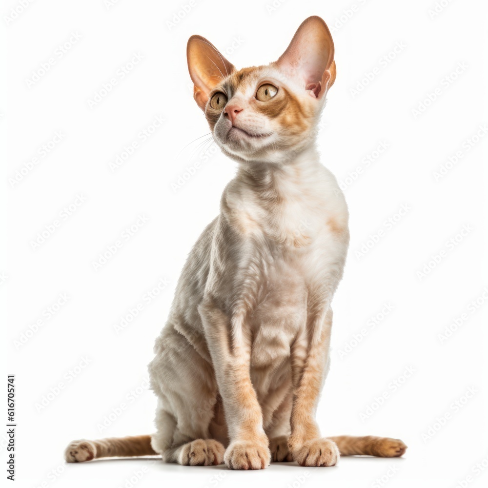 Sitting Devon Rex Cat. Isolated on Caucasian, White Background. Generative AI.