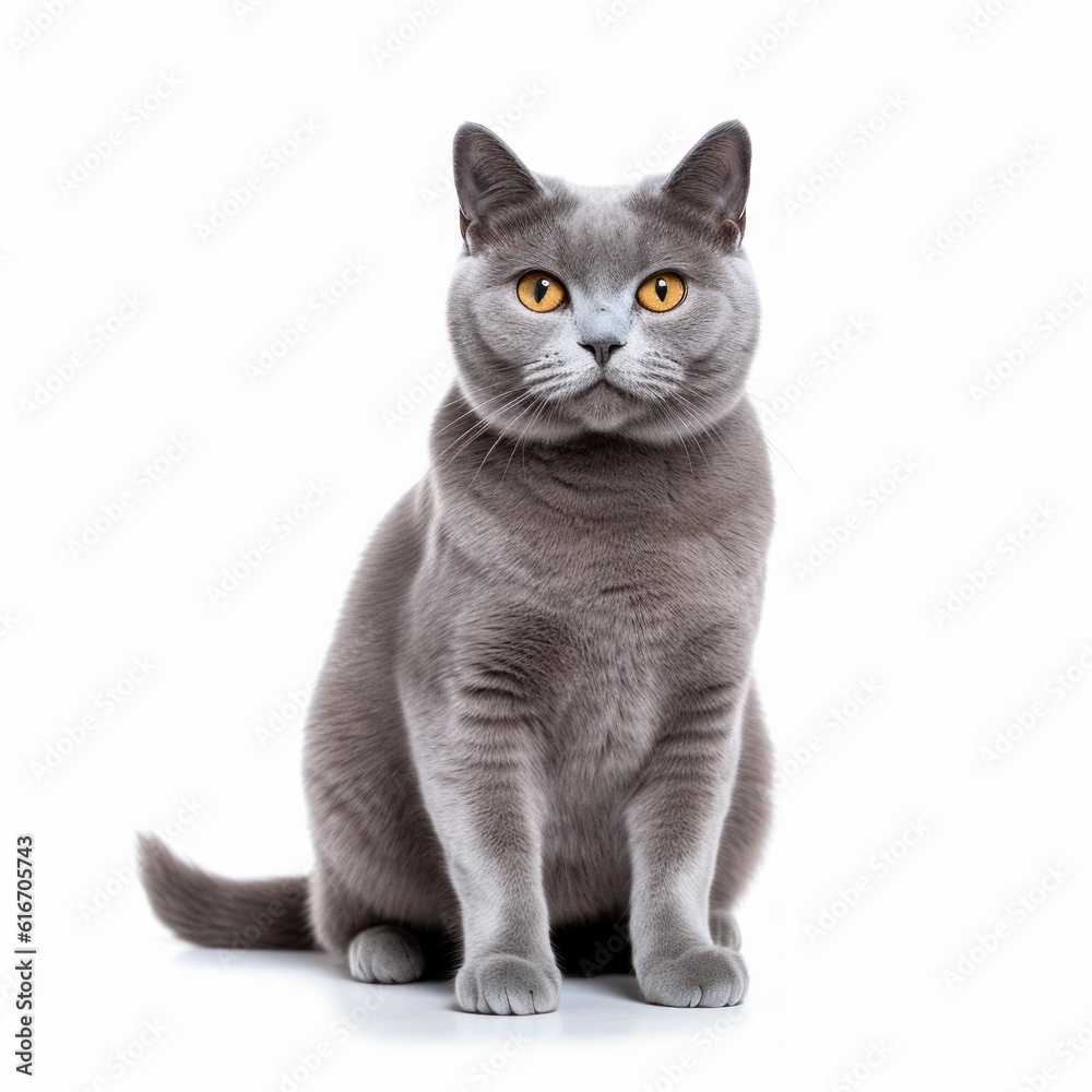 Sitting Chartreux Cat. Isolated on Caucasian, White Background. Generative AI.