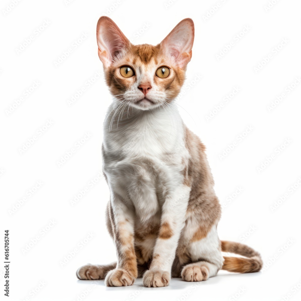 Fototapeta premium Sitting Devon Rex Cat. Isolated on Caucasian, White Background. Generative AI.