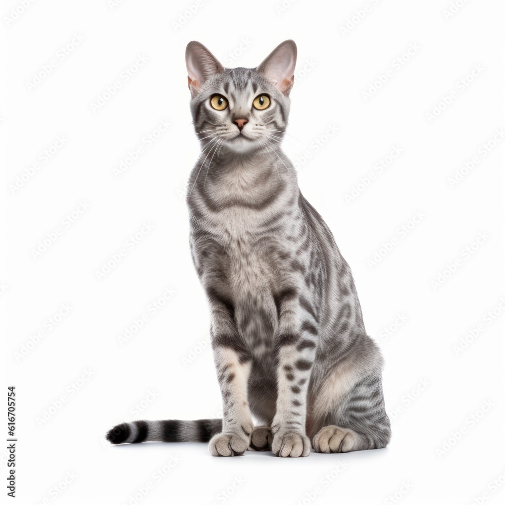 Sitting Egyptian Mau Cat. Isolated on Caucasian, White Background. Generative AI.