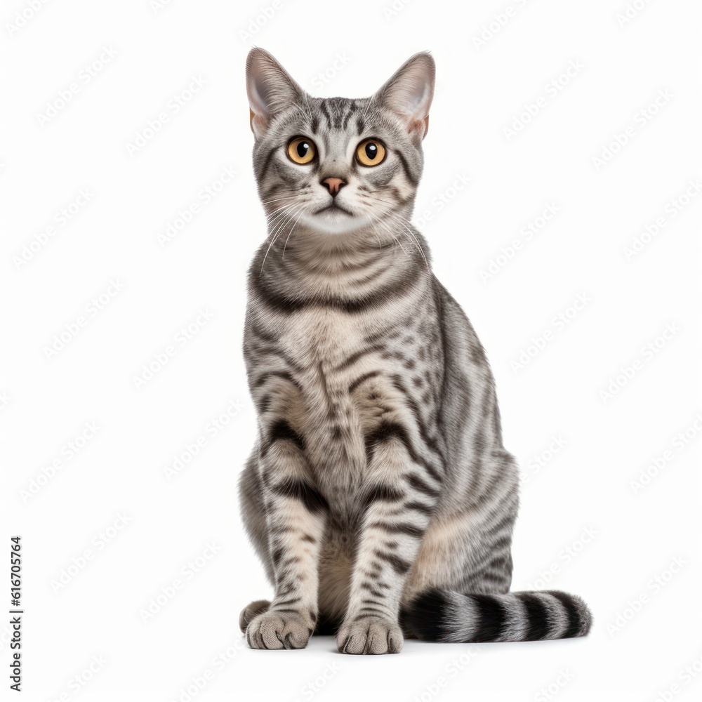Obraz premium Sitting Egyptian Mau Cat. Isolated on Caucasian, White Background. Generative AI.