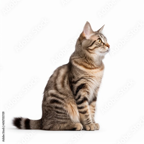 Sitting American Bobtail Cat. Isolated on Caucasian, White Background. Generative AI.