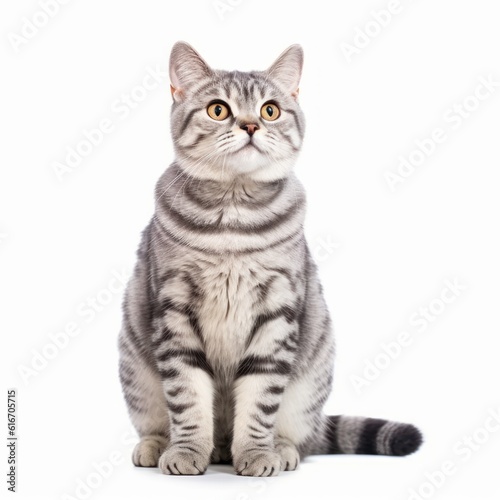 Sitting American Shorthair Cat. Isolated on Caucasian, White Background. Generative AI.