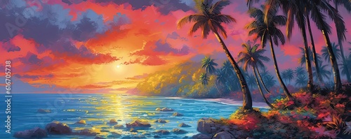 the beach with palm trees in the style of fantasy landscape