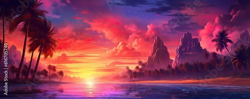 the beach with palm trees in the style of fantasy landscape