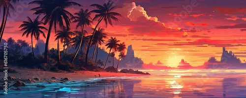 the beach with palm trees in the style of fantasy landscape