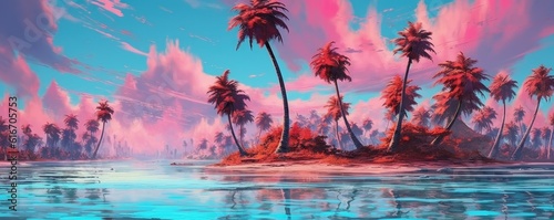 the beach with palm trees in the style of fantasy landscape © My Little Bear