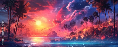 the beach with palm trees in the style of fantasy landscape