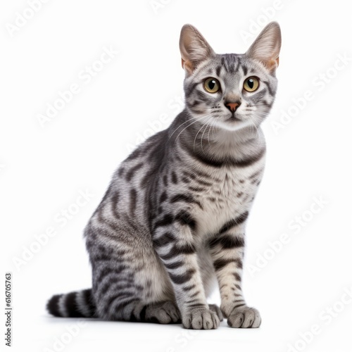 Sitting Egyptian Mau Cat. Isolated on Caucasian, White Background. Generative AI. © bomoge.pl