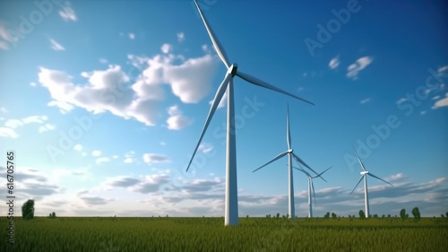 Wind turbines on the green field against the blue sky. Production of renewable green energy. Sustainable development concept. Mock up, 3D rendering.
