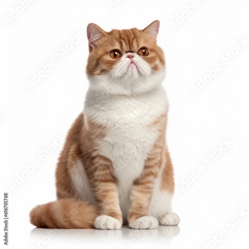 Sitting Exotic Shorthair Cat. Isolated on Caucasian, White Background. Generative AI.