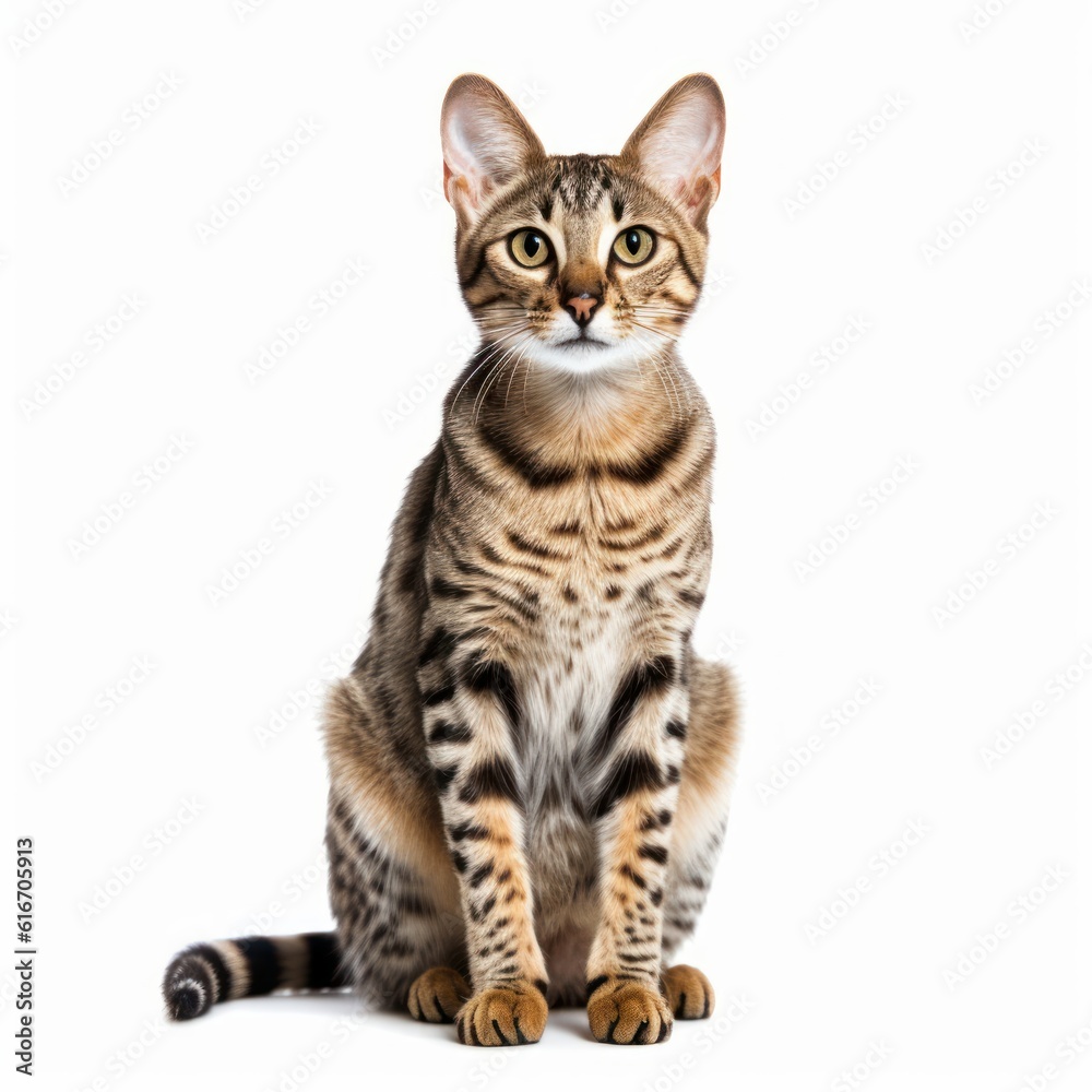 Obraz premium Sitting Savannah Cat. Isolated on Caucasian, White Background. Generative AI.