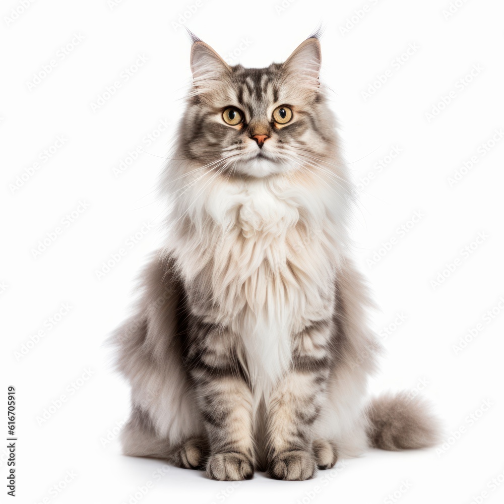 Sitting Siberian Cat. Isolated on Caucasian, White Background. Generative AI.