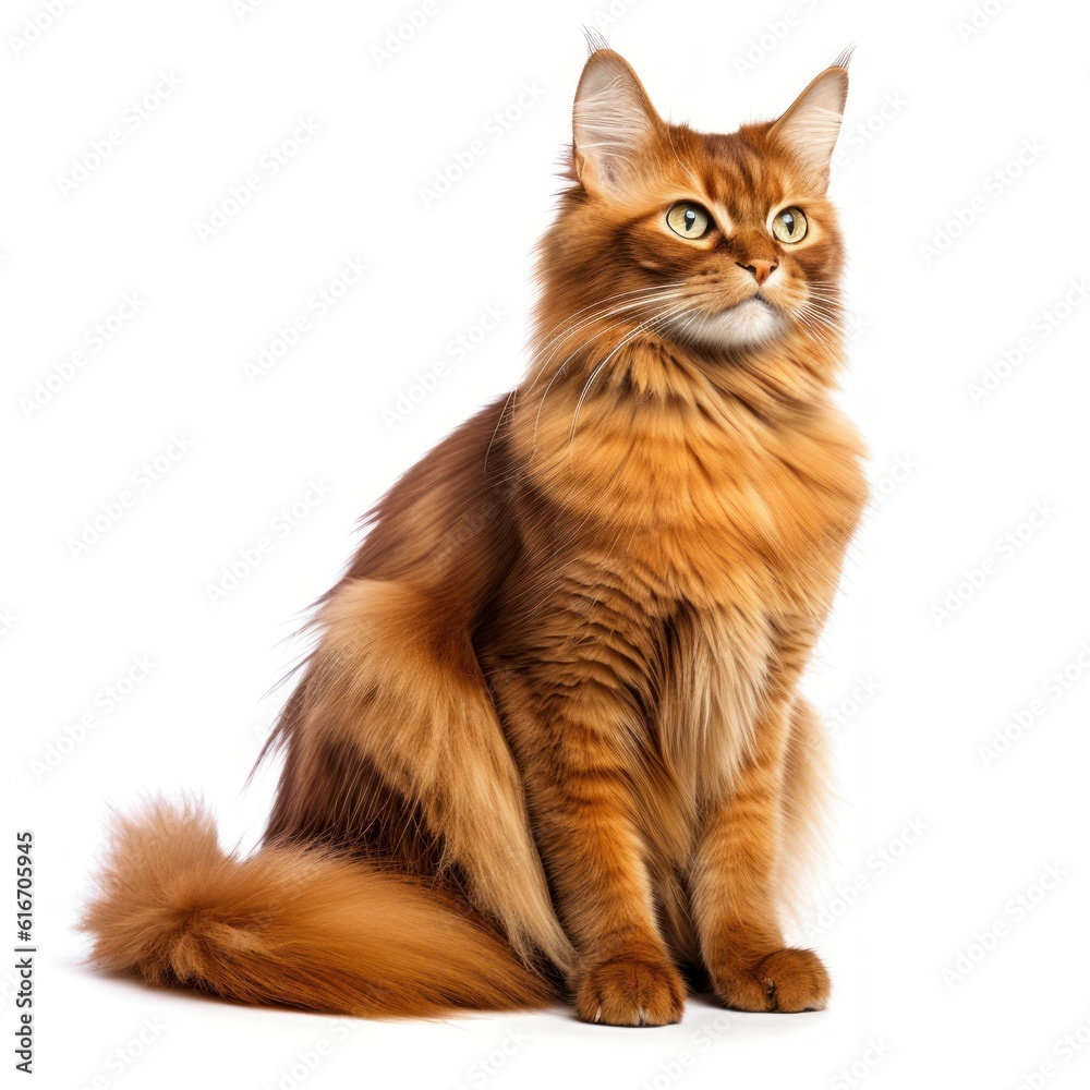 Obraz premium Sitting Somali Cat. Isolated on Caucasian, White Background. Generative AI.